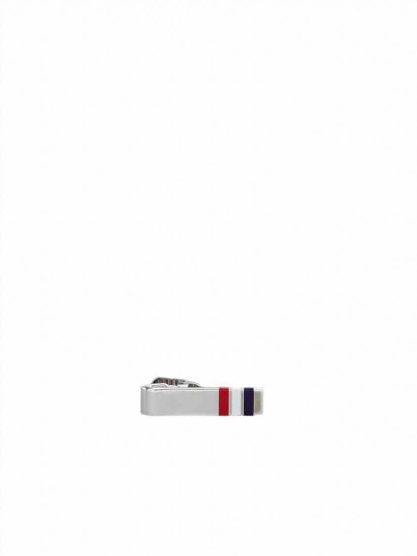 Thom Browne Polished Silver Tie Clip With Tri-Color Stripes And Minimalist Design