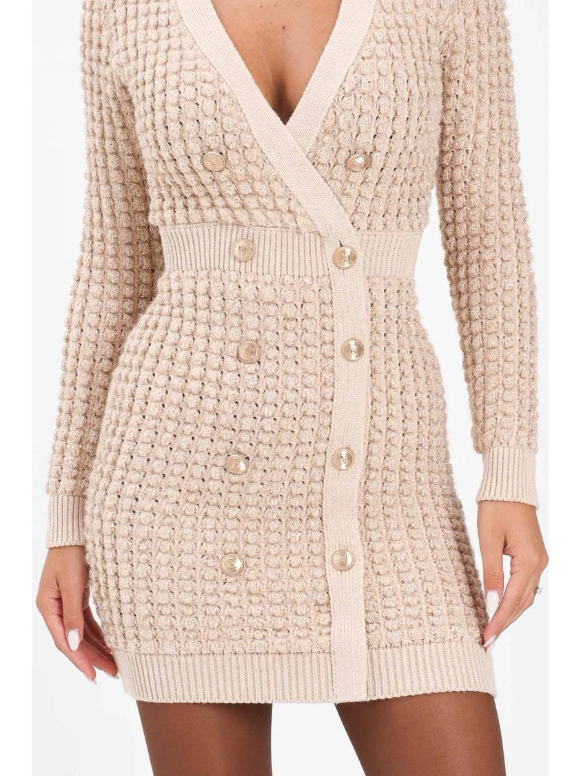 Elisabetta Franchi Textured Knit Fitted Dress With Double-Breasted Button Front