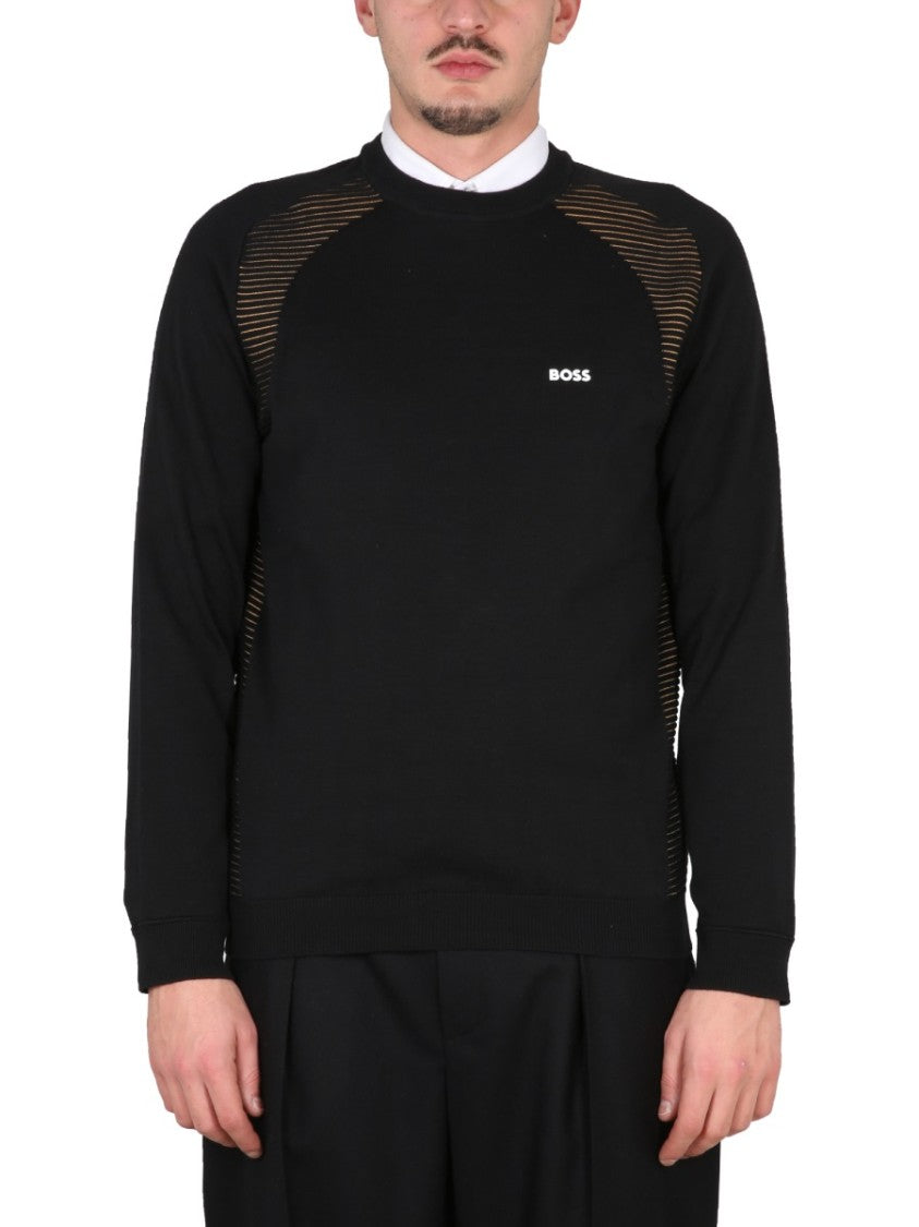 Boss Black Sheer Striped Panel Cotton Sweatshirt