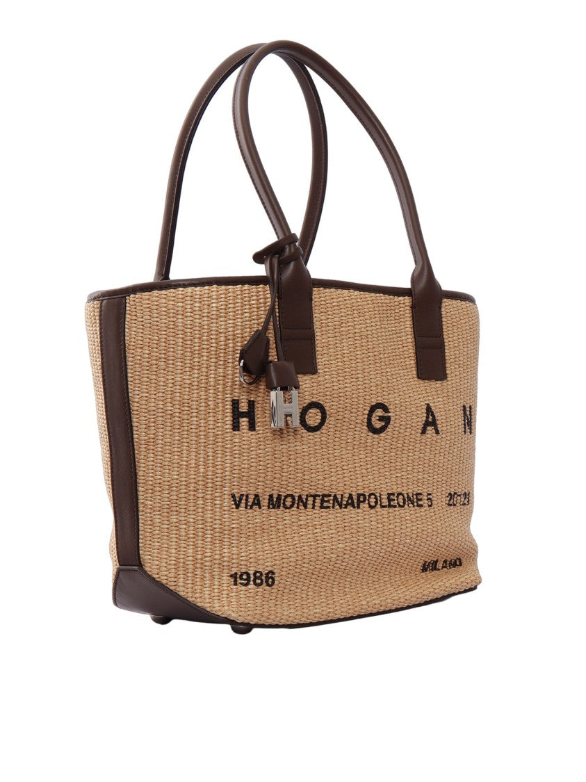 Hogan Address Shopping Woven Raffia Tote Bag