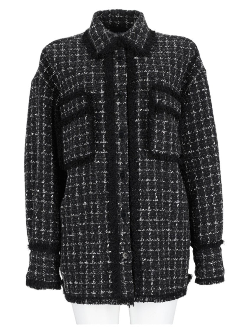 Msgm Black Checkered Frayed Detail Cotton-Blend Jacket
