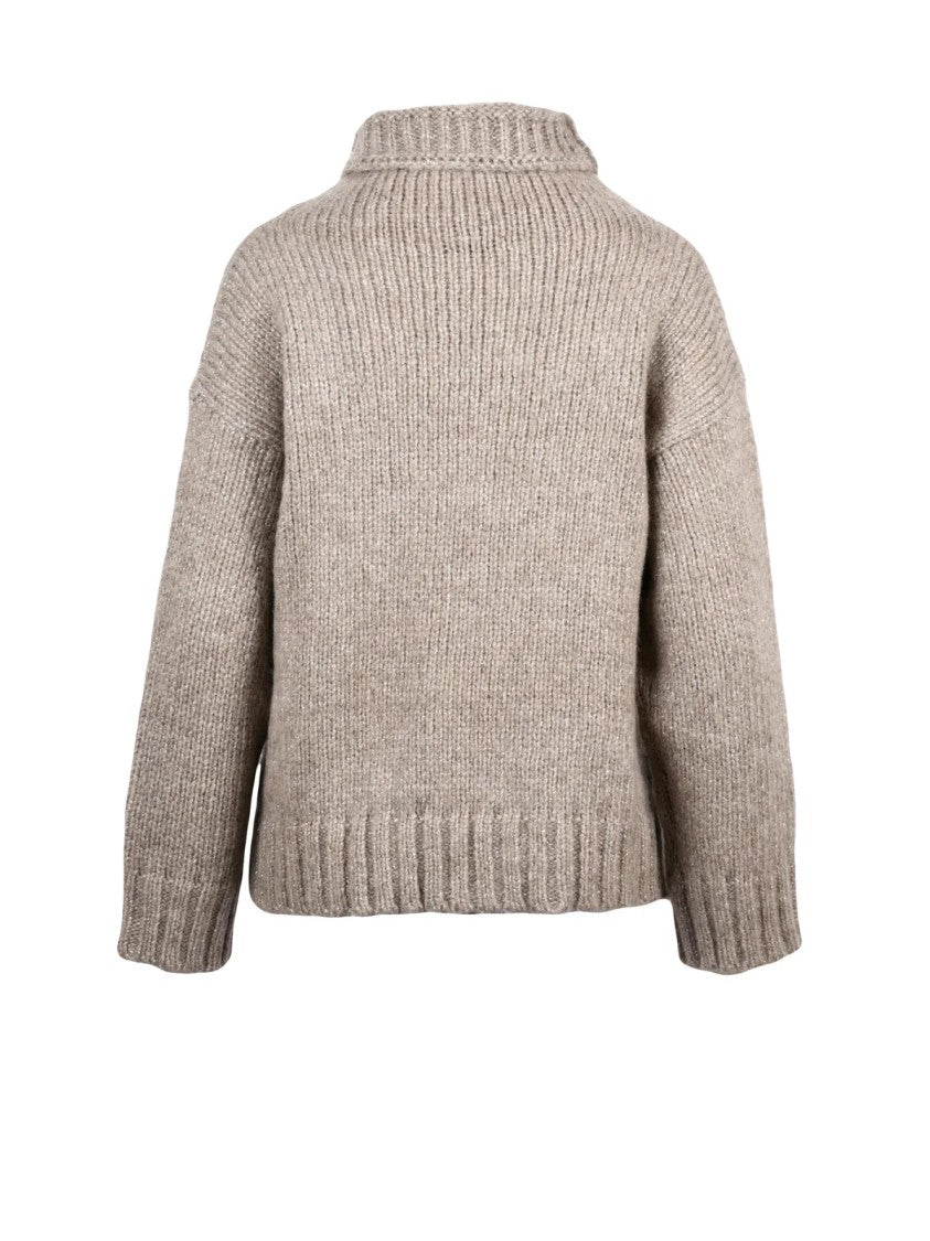 Alpha Studio High Neck Sweater With Metallic Fiber And Ribbed Knit Texture