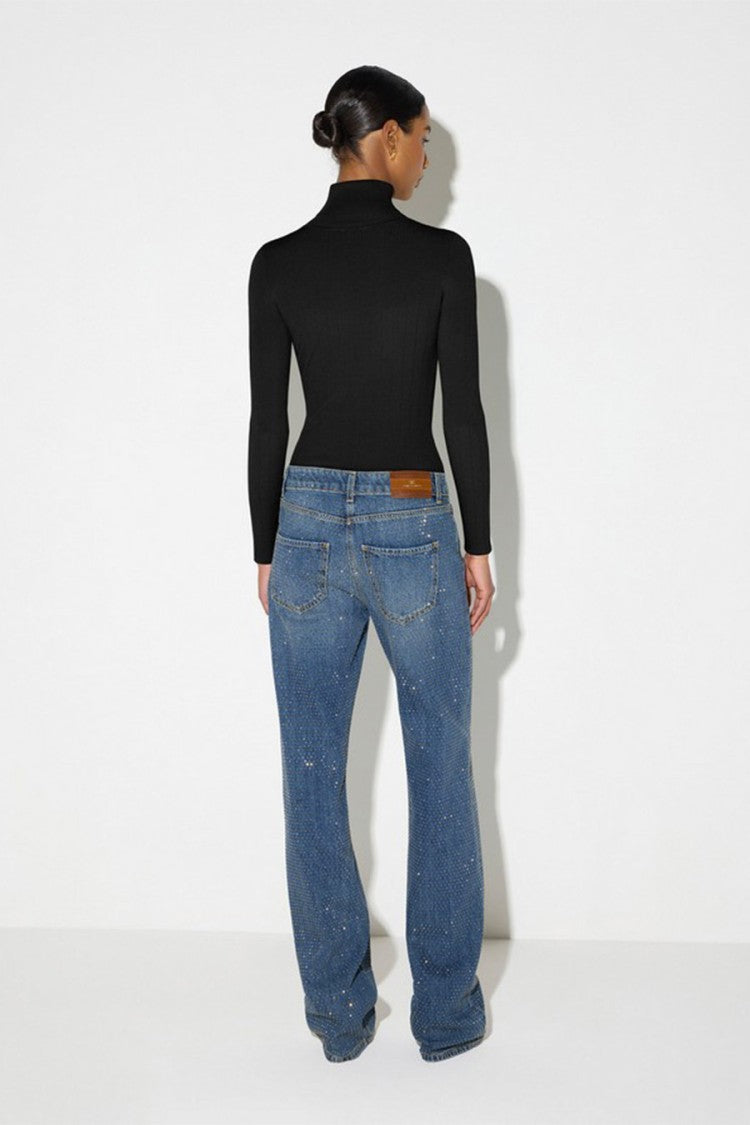 Elisabetta Franchi Black Ribbed Logo Patch Pocket Lyocell-Blend Turtleneck Sweater