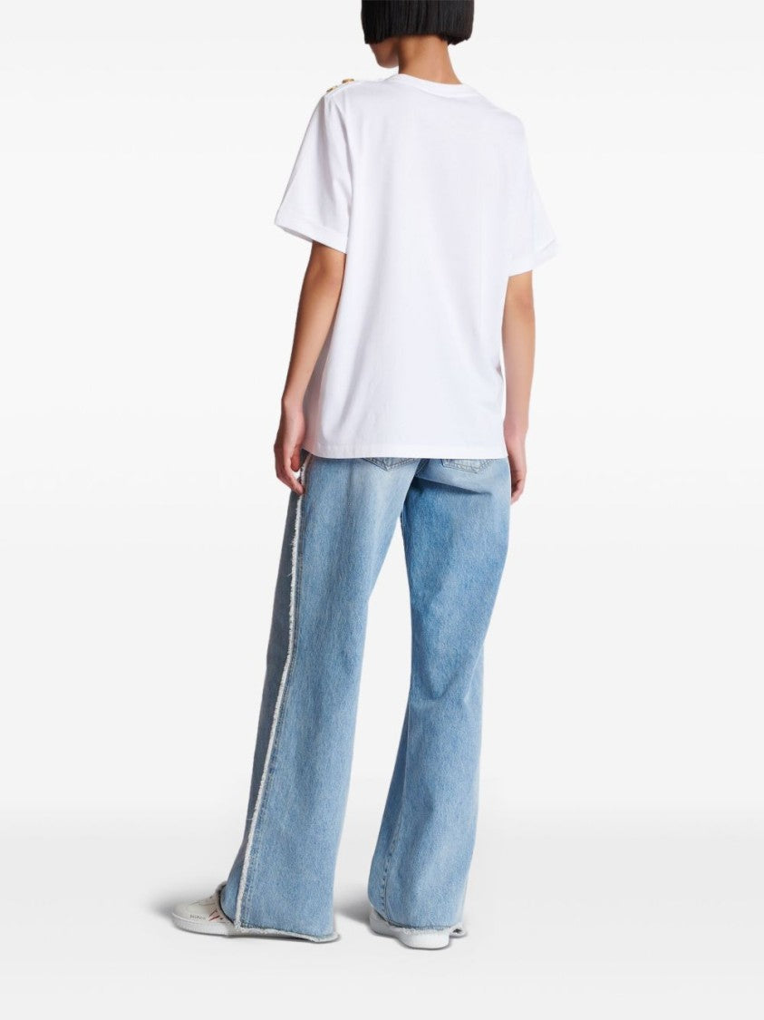 Balmain White Graphic Print Button Detail Top