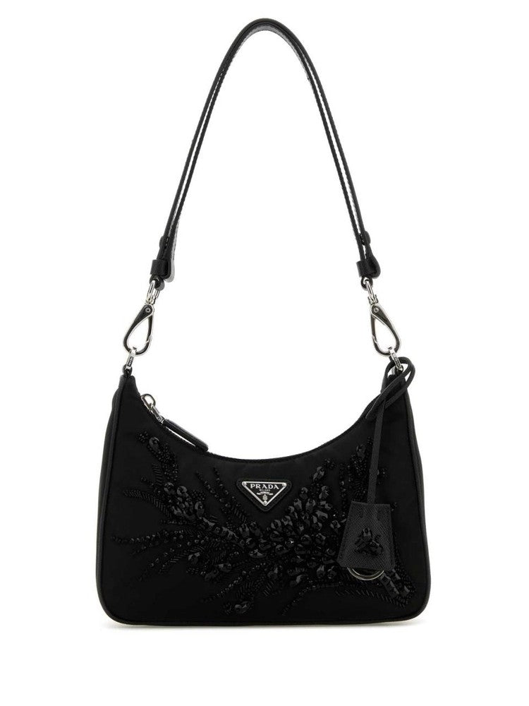 Prada Black Beaded Floral Embellished Bag With Dual Strap Design