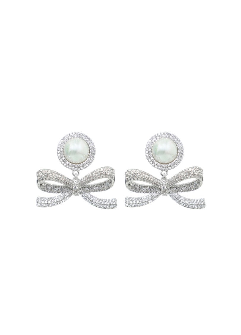Self-Portrait Silver Crystal Bow Pearl Earrings