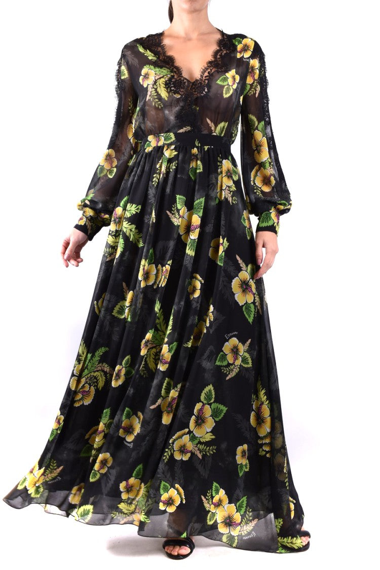 Ermanno Black Polyester Floral-Print Maxi Dress