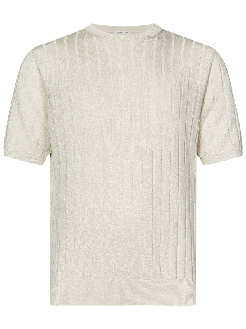 Boglioli Short-Sleeved Linen-Cotton Blend Sweater With Flat-Ribbed Texture