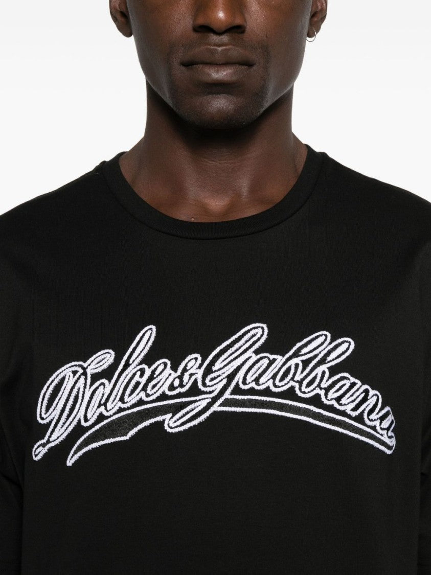 Dolce & Gabbana Black Crew Neck T-Shirt With Logo Embroidery