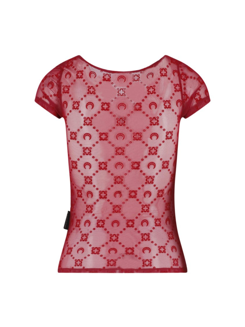 Marine Serre Red Moonogram Flocked Mesh Fitted Top