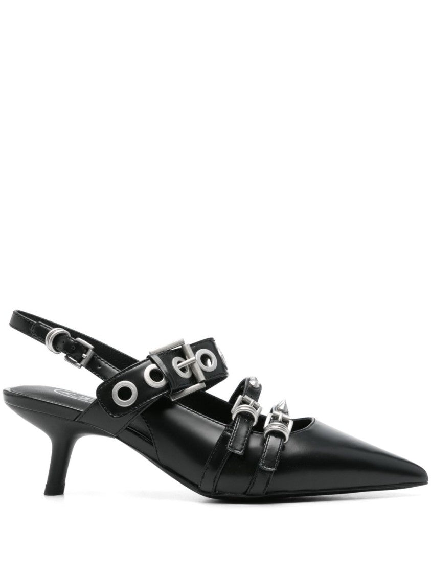 Ash Pointed-Toe Slingback Heels With Metallic Eyelets And Studs