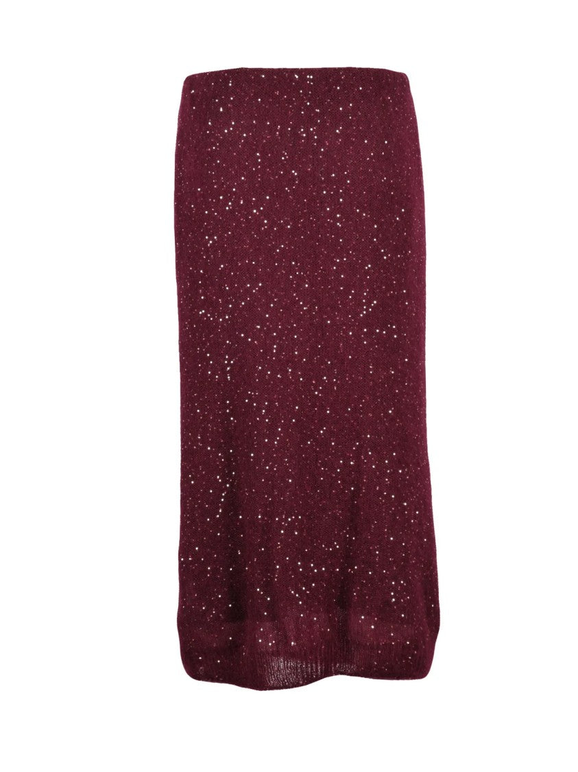 Nude Red Polyester Elasticated Rhinestone Knit Midi Skirt