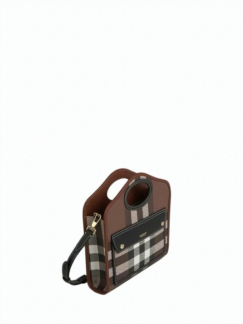 Burberry Structured Brown Check Tote Bag With Cut-Out Handle