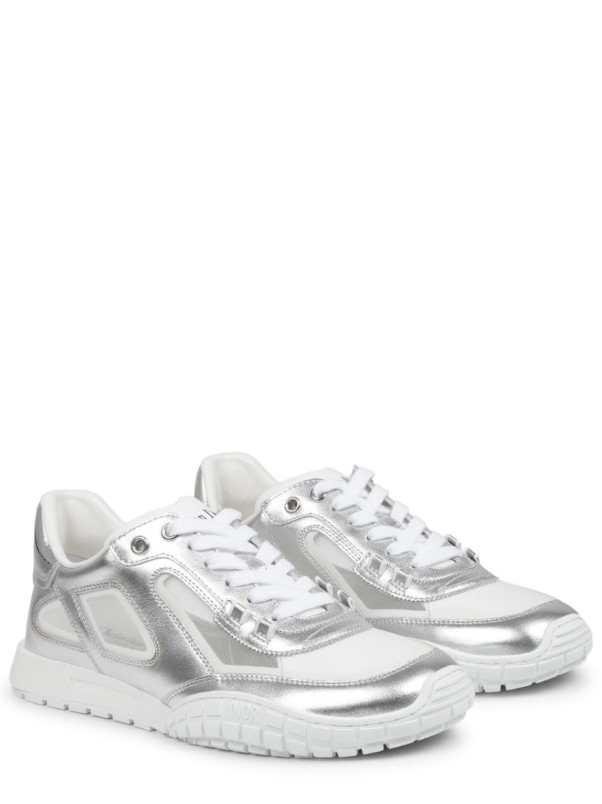 Dior Metallic Silver Leather Lace-Up Sneakers