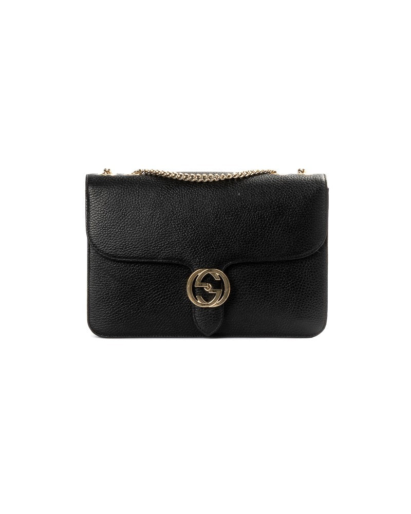 Gucci Black Interlocking Gg Medium Pebbled Leather Shoulder Bag