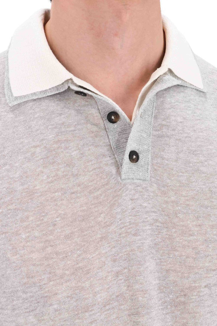 Eleventy Grey Linen-Cotton-Cashmere Double-Collar Polo Shirt