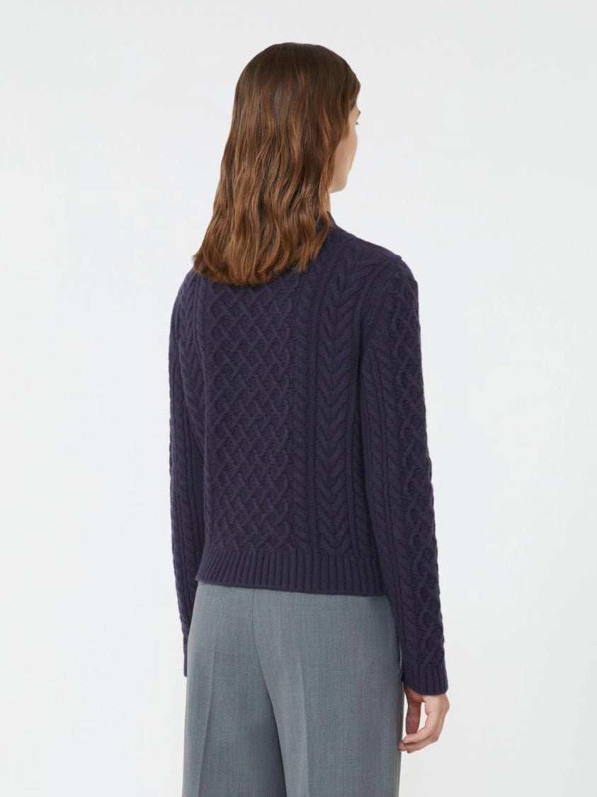 Max Mara Textured Navy Blue Cardigan With Ribbed Hem