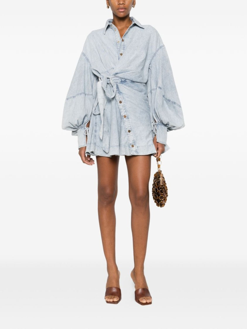 Zimmermann Clear Blue Mini Dress With Wrap-Around Design And Balloon Sleeves
