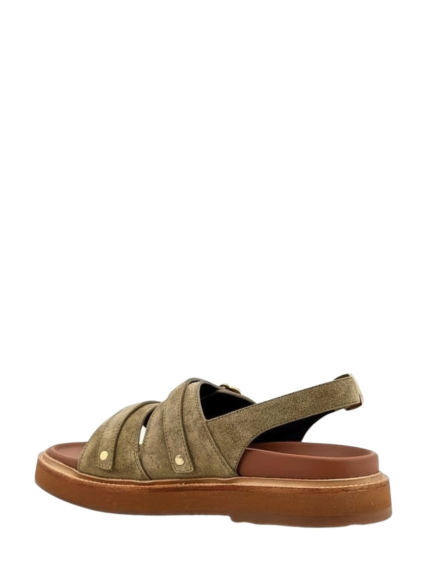Celine Olive Suede Sandals With Gold-Tone Hardware