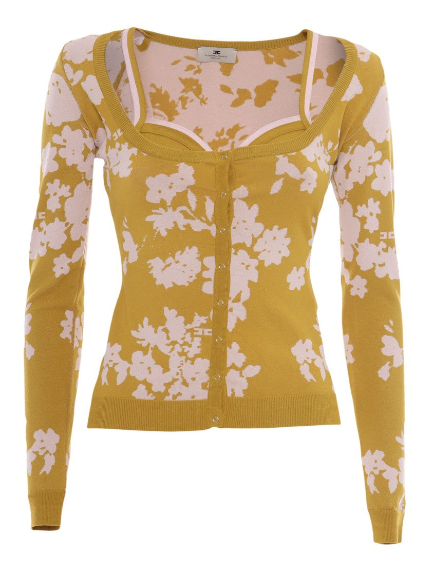 Elisabetta Franchi Yellow Knitted Top With Floral Pattern