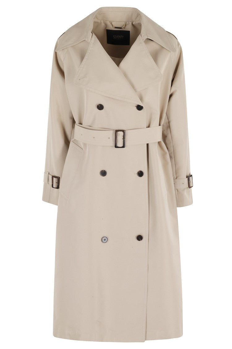 Seventy Beige Double-Breasted Sleeve-Strap Cotton Trench Coat