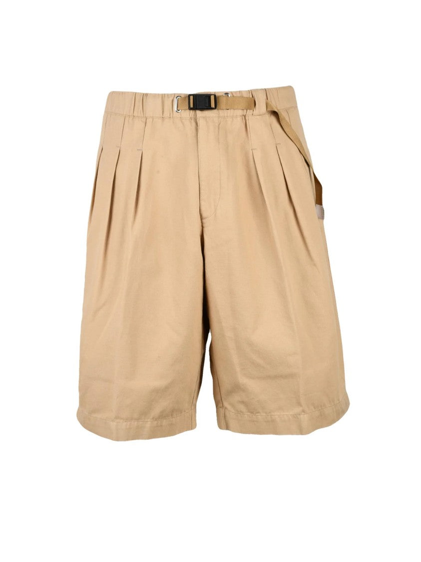 White Sand Beige Pleated Cotton Bermuda Shorts