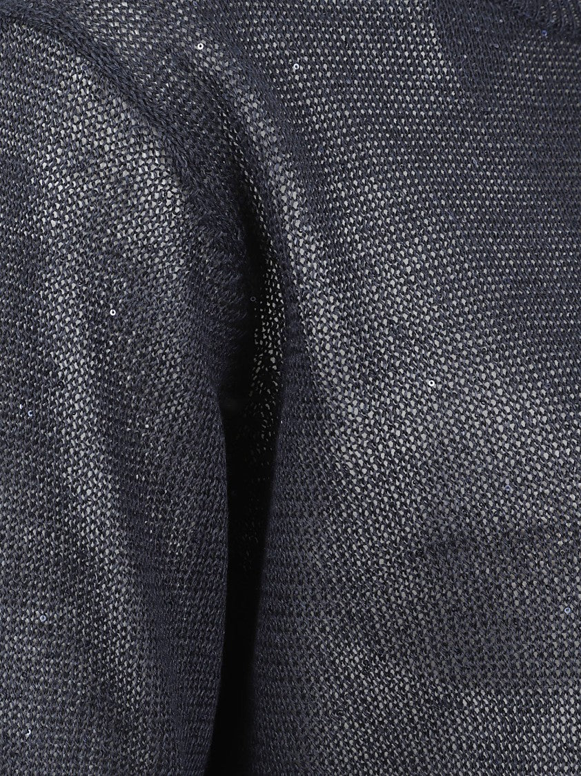 Brunello Cucinelli Round-Neck Black Sweater With Ribbed Edges And Sequin Embroidery
