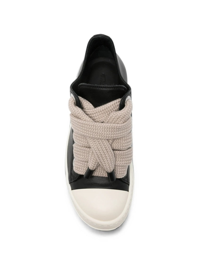 Rick Owens Low-Top Black Leather Sneakers With Oversized Beige Laces