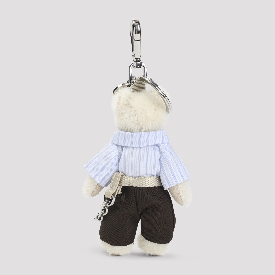 Prada White Steel Clutch With Playful Teddy Bear Keychain