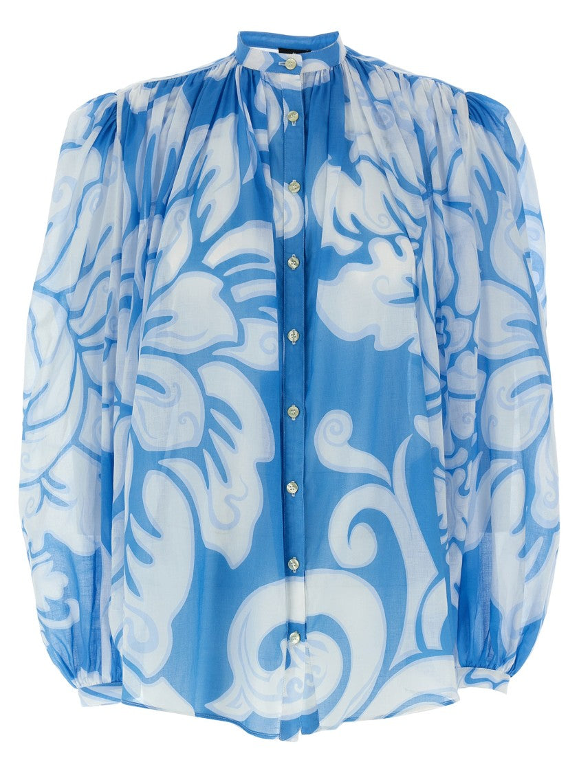 Etro Comfort Fit Floral Print Cotton Shirt With Mandarin Collar