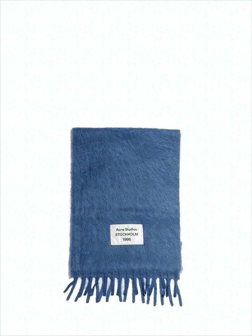 Acne Studios Textured Blue Wool And Nylon Scarf With Fringed Edge