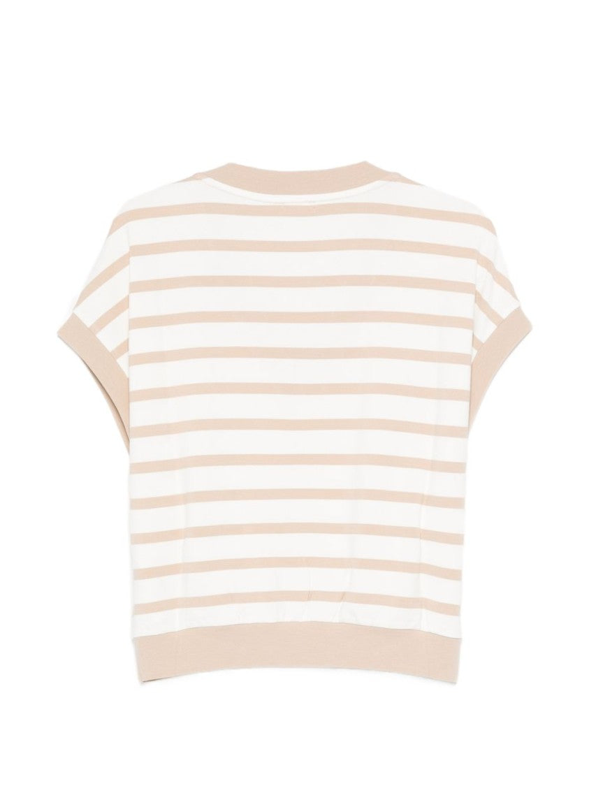 Liu Jo White Beige Striped V-Neck Sweater