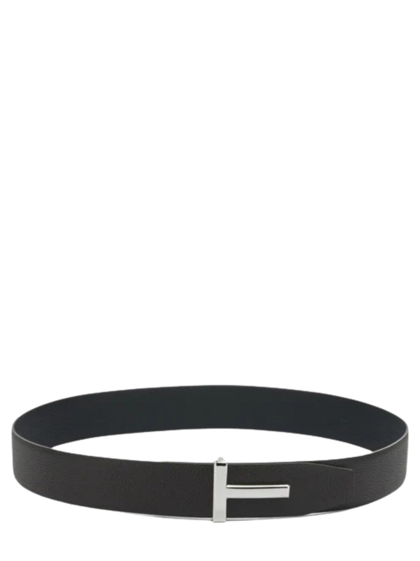 Tom Ford Textured Black Leather Belt With Polished Silver Buckle
