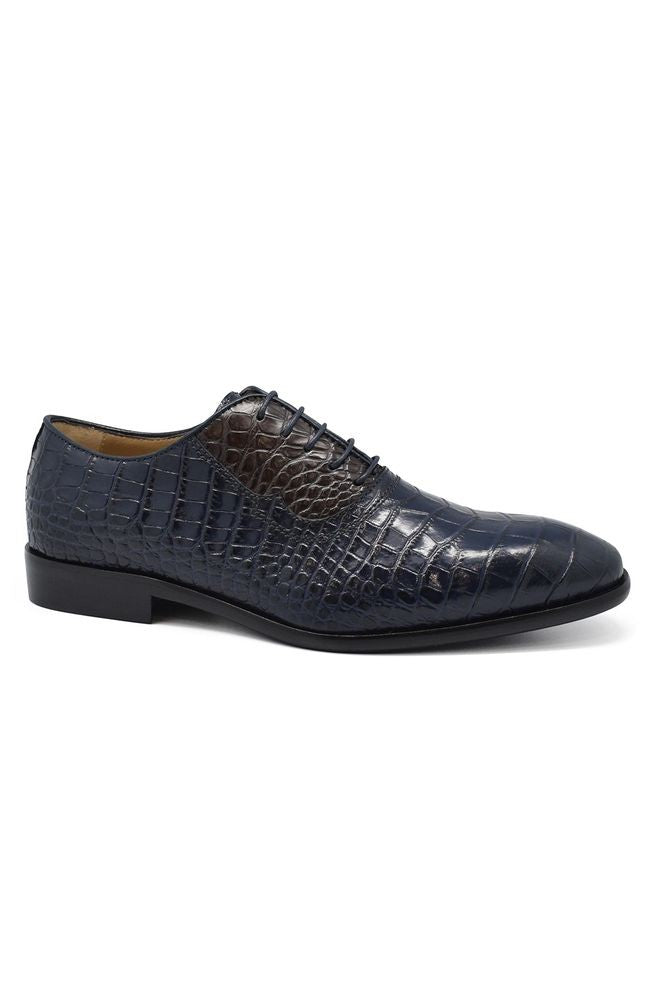 Caporicci Oxford Shoes In Blue Alligator-Style Embossed Leather