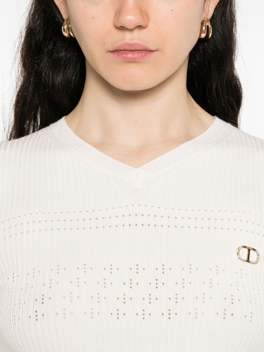Twin-Set Pointelle-Knit Sweater With V-Neck
