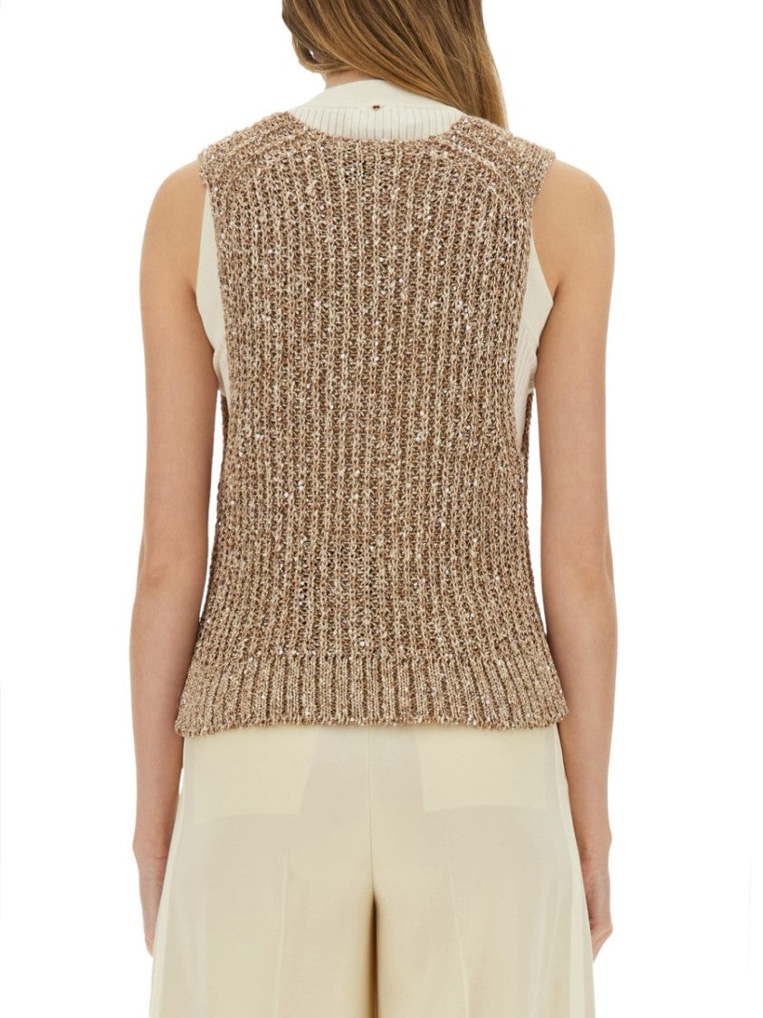 Alysi Sequined Knit Vest With Deep V-Neck