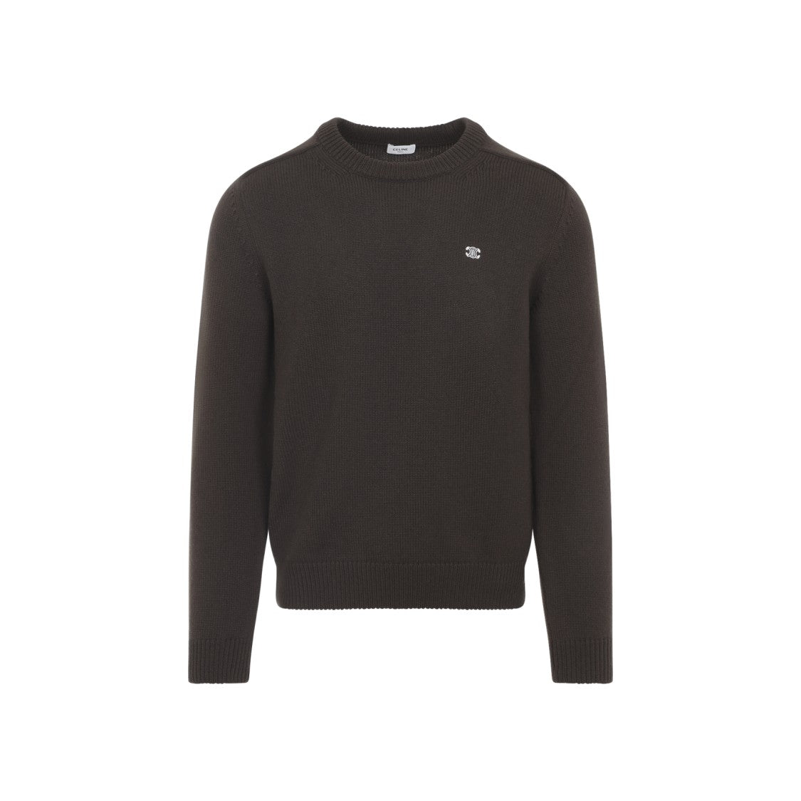Celine Brown Virgin Wool Crewneck Sweater With Contrast Logo