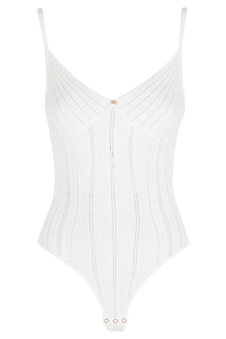 Elisabetta Franchi Ivory Body Tricot Rhinestones Viscose-Blend Bodysuit