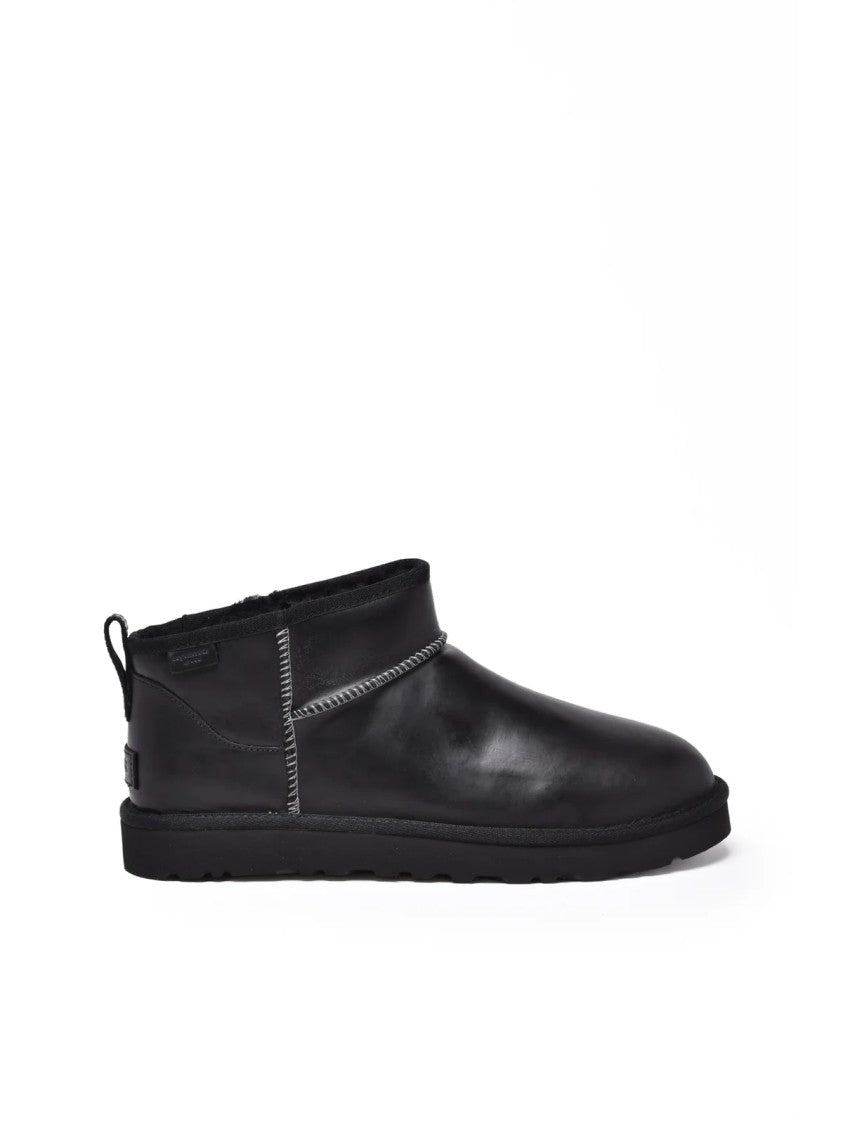 Ugg Black Leather Plush Mini Boots