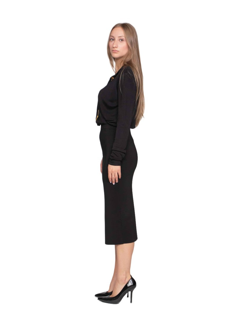 Elisabetta Franchi Black V-Neck Zipper Midi Dress