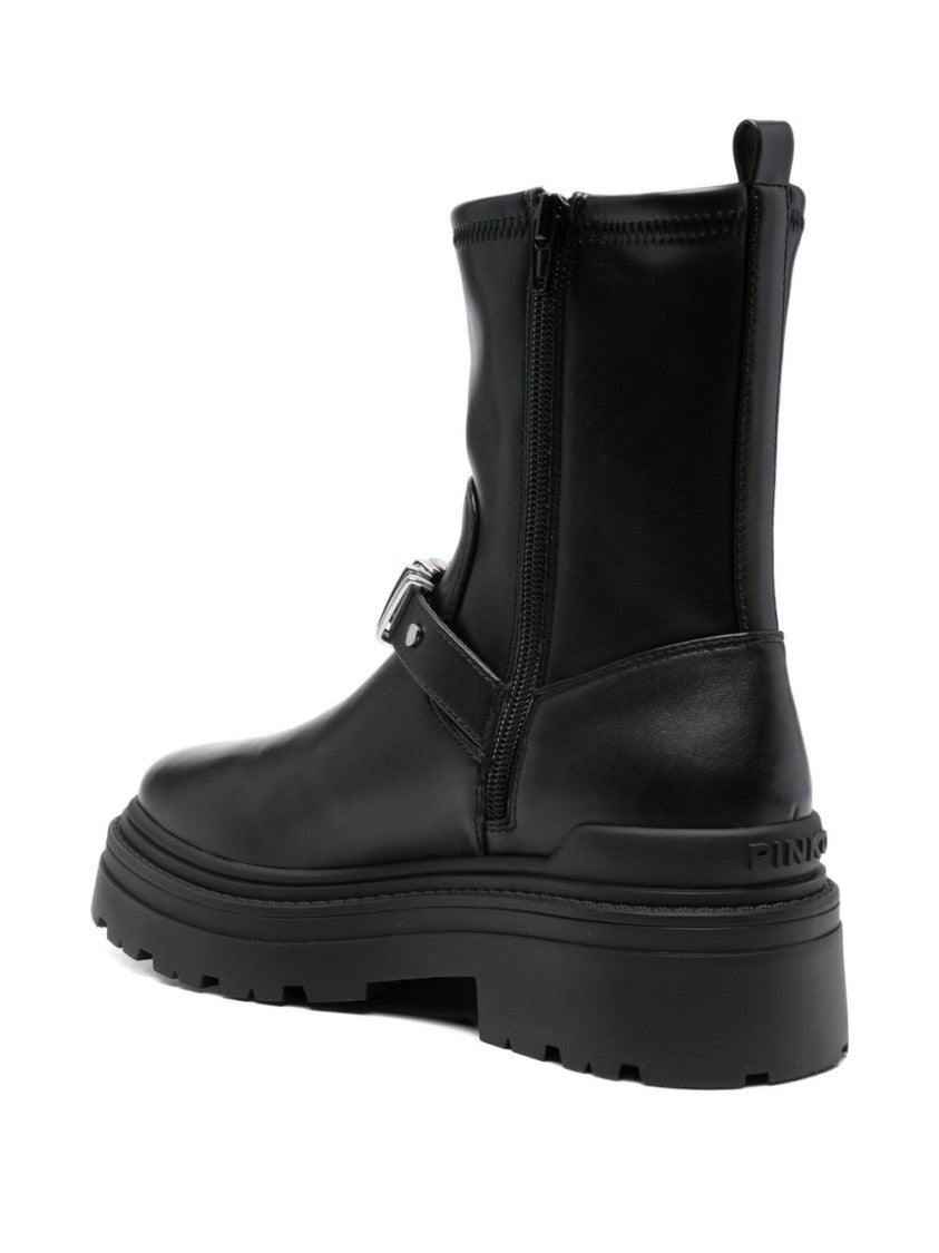 Pinko Black Leather Ankle Boots With Buckle Detail