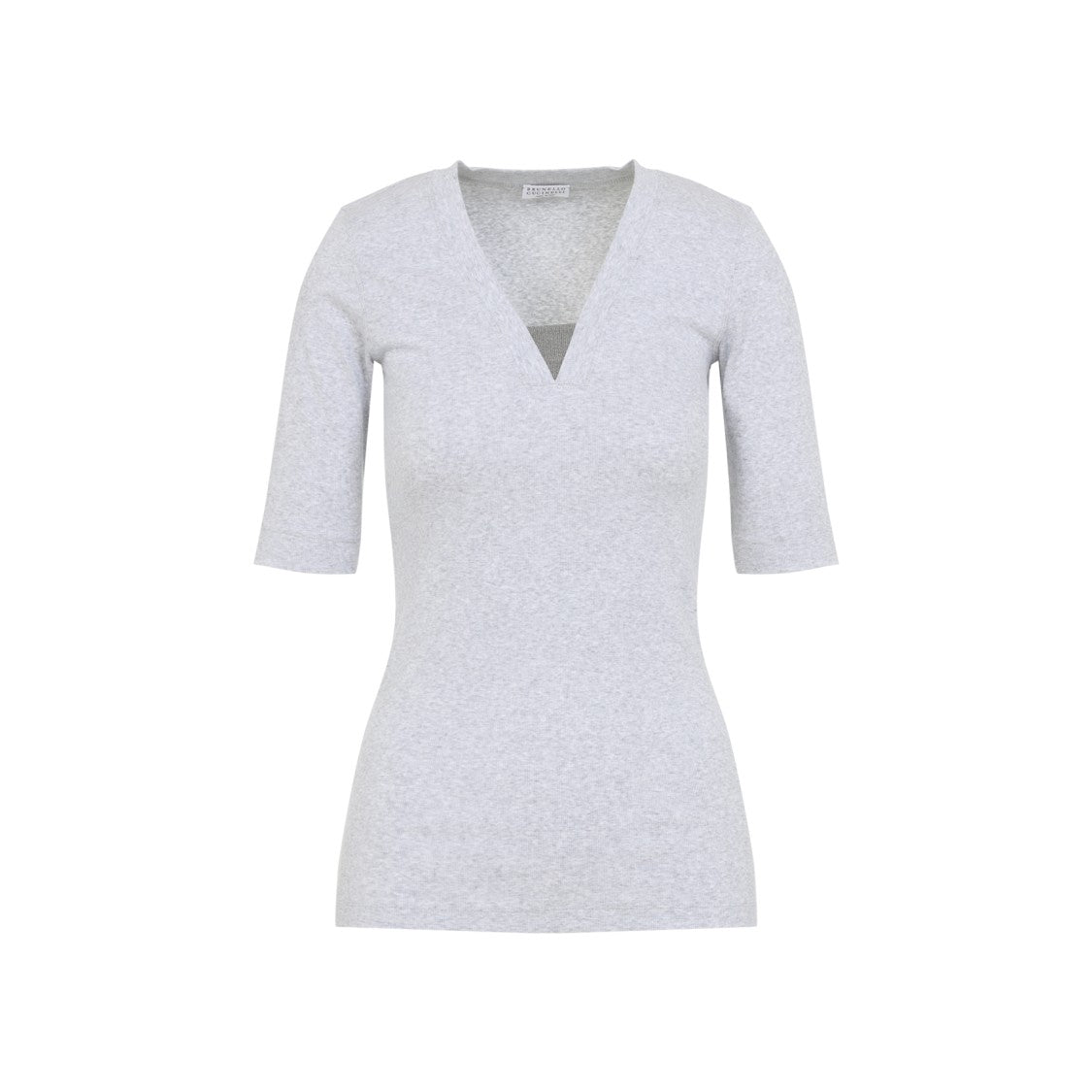 Brunello Cucinelli Heathered Grey Fitted T-Shirt With Deep V-Neck