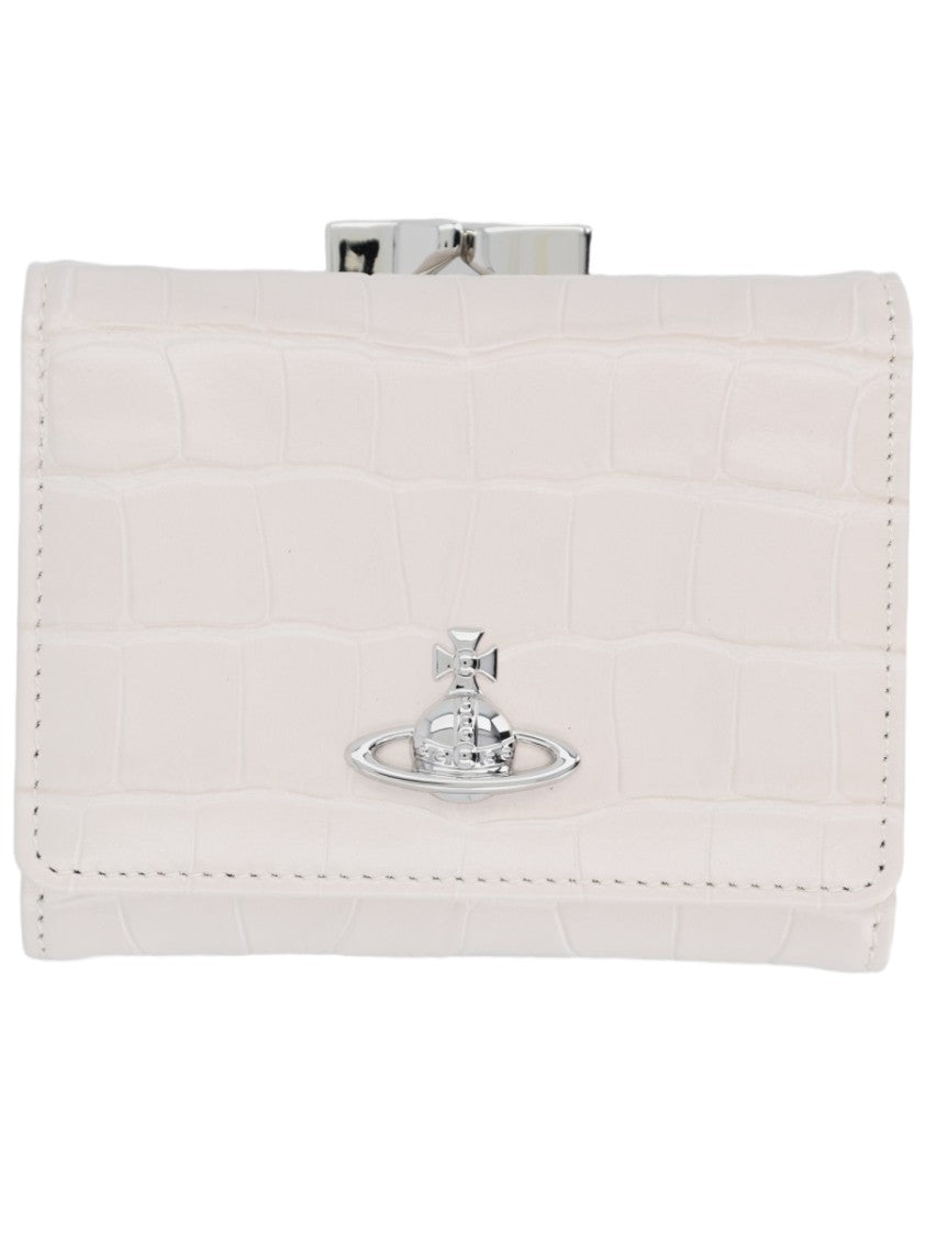 Vivienne Westwood Textured Ivory Wallet With Crocodile Pattern And Silver Emblem