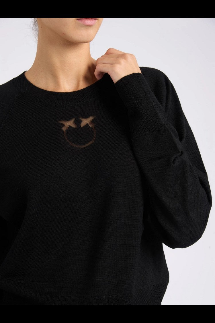 Pinko Black Crewneck Embroidered Love Birds Wool-Blend Sweater