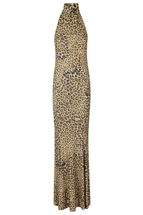 Norma Kamali Cheetah Patch Halter Neck Fishtail Evening Dress