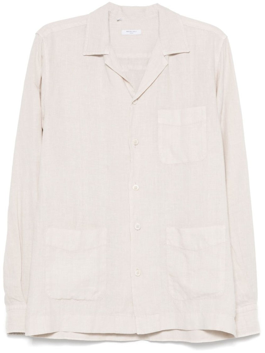Boglioli Garment-Dyed Ivory Linen Overshirt With Bowling Collar
