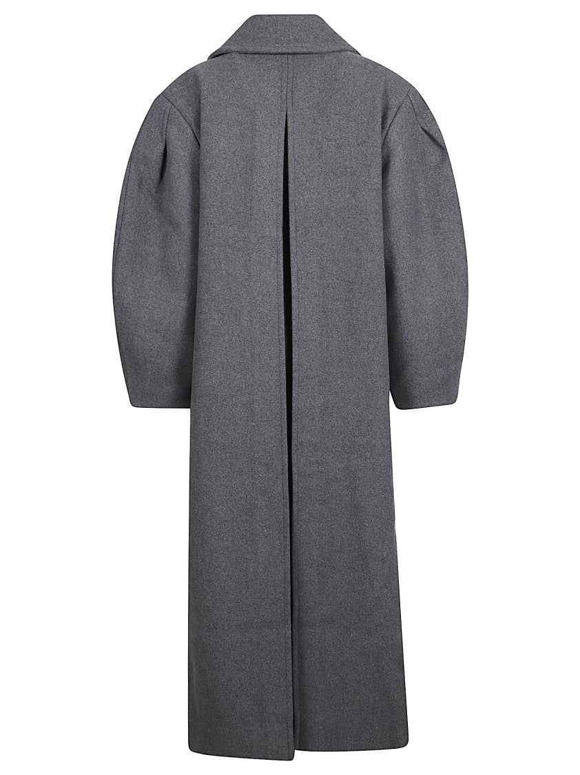 Ganni Long Wool Blend Coat With Wide Sleeves