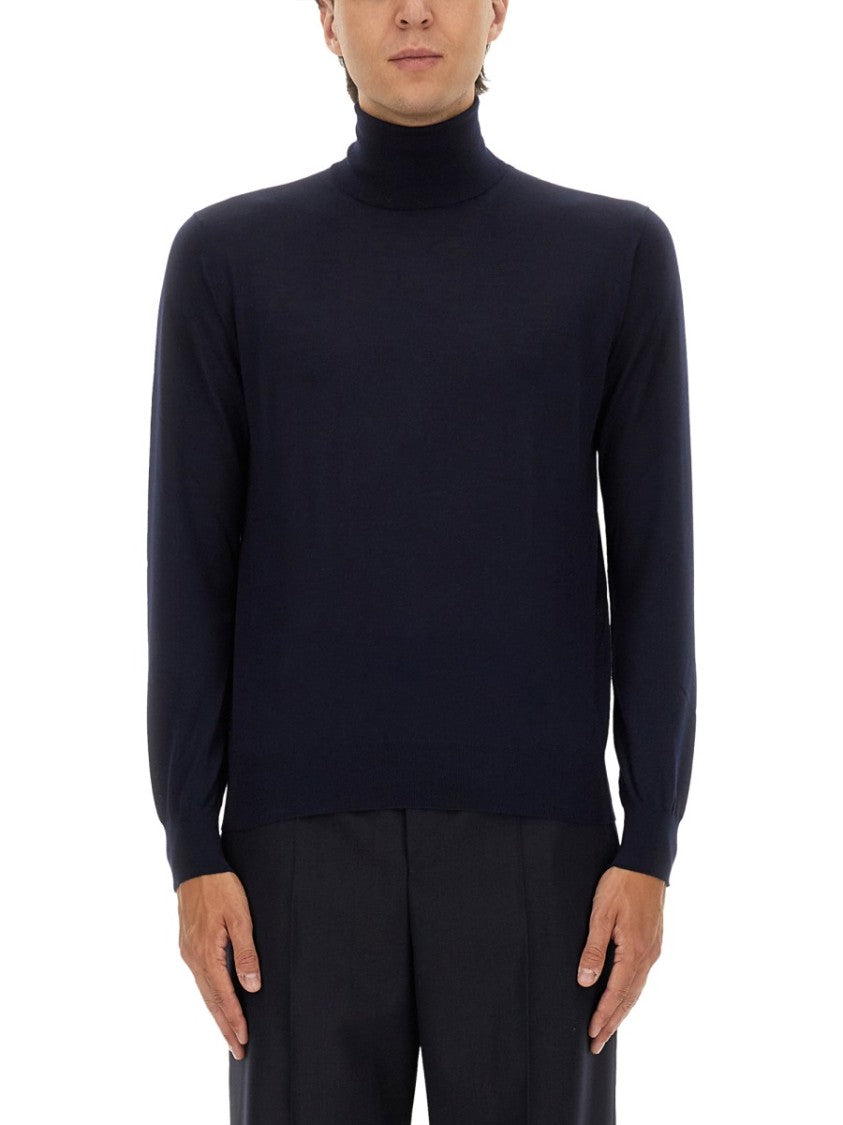 Saint Laurent Deep Navy Cashmere-Wool-Silk Blend Fitted Turtleneck Pullover