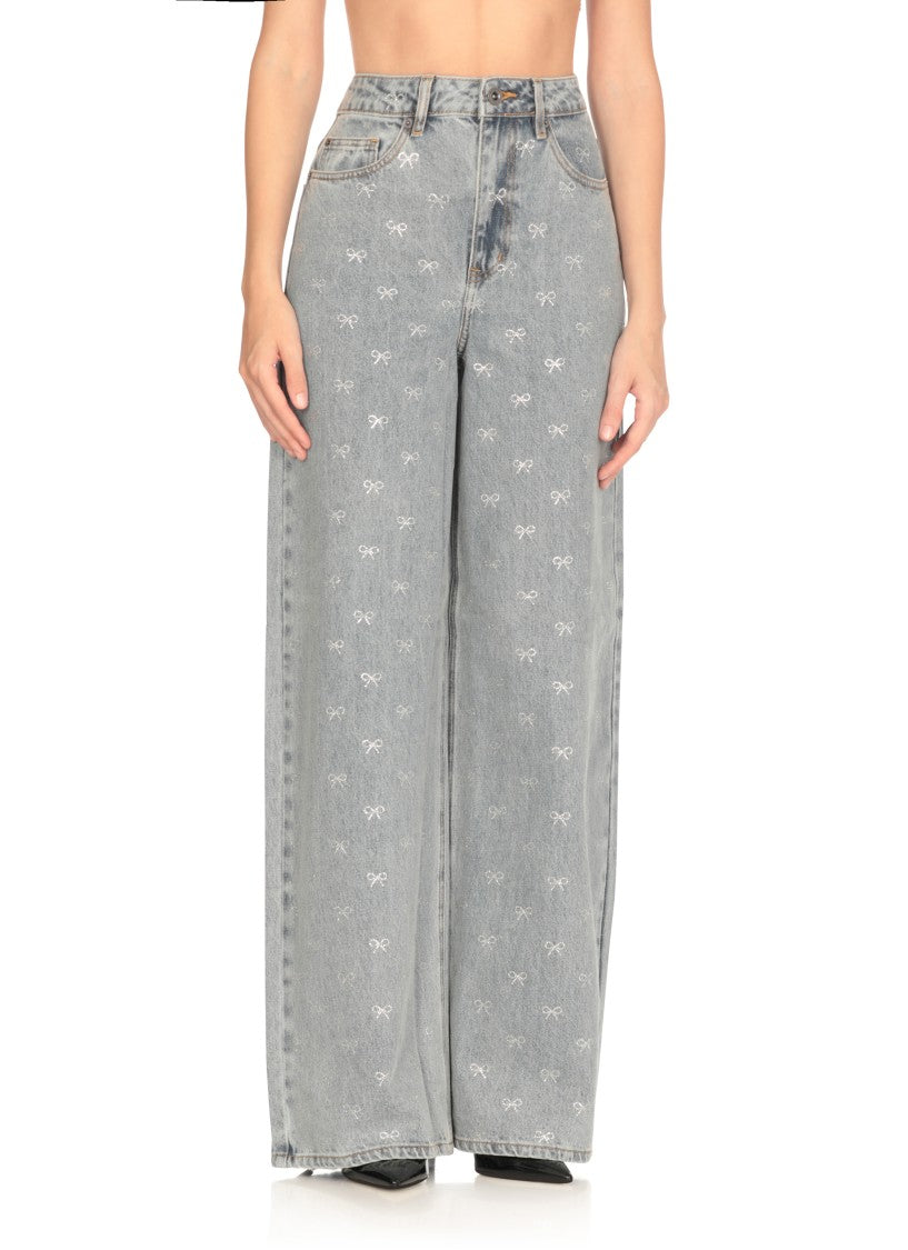 Self-Portrait Light-Blue Wide-Leg Cotton Jeans With Bow