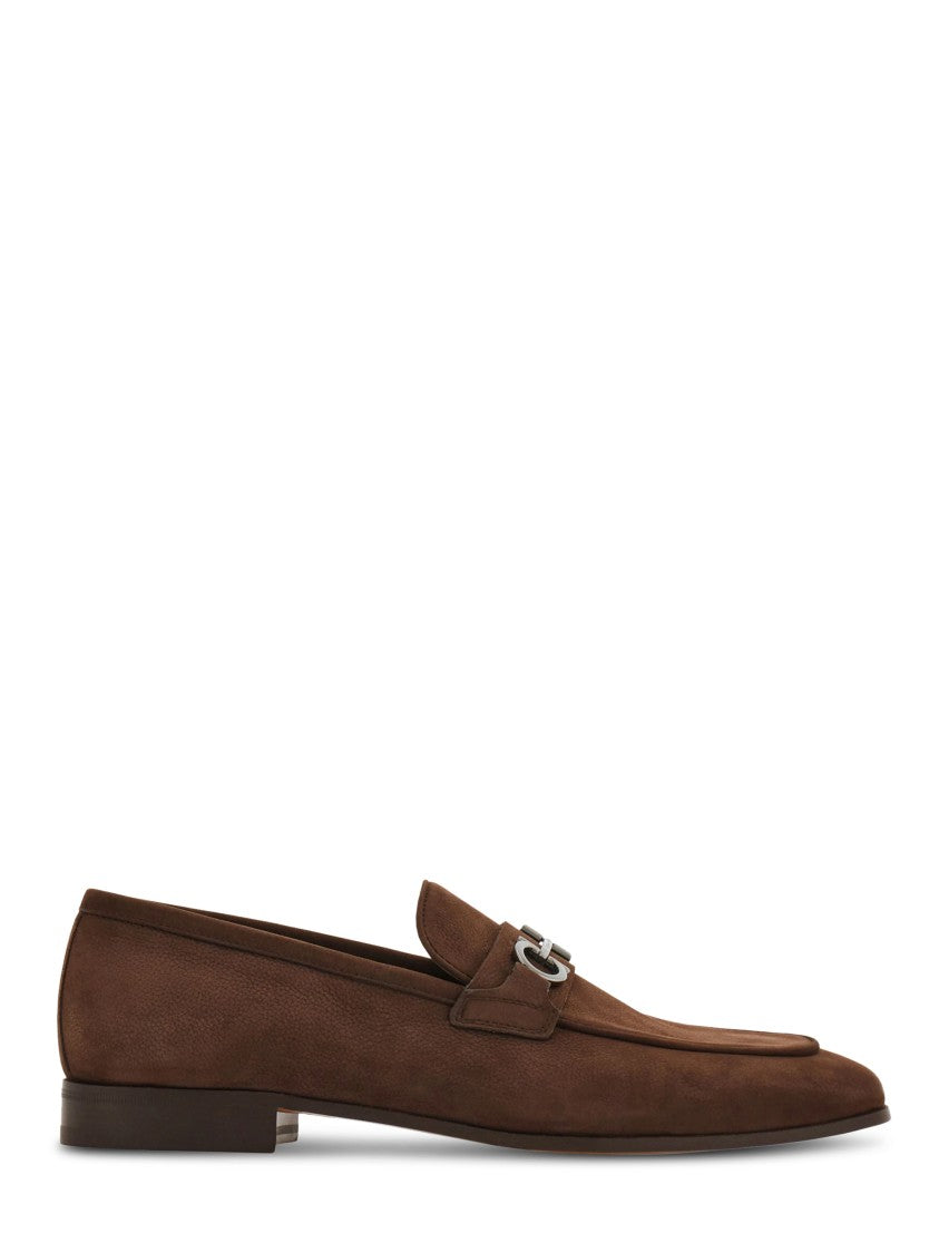 Ferragamo Elongated Brown Suede Shoes With Silver-Toned Detail